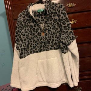 Filly flair leopard color block Sherpa pullover half zip sweatshirt